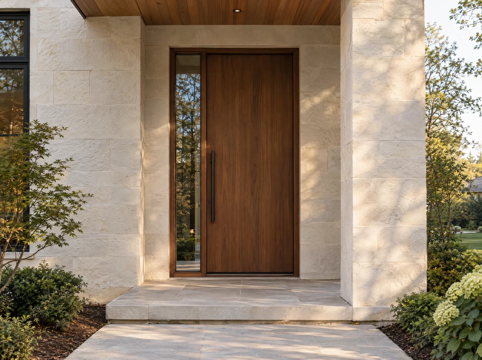 AI-generated design inspiration: wood entry door with a tall sidelight under a covered limestone porch