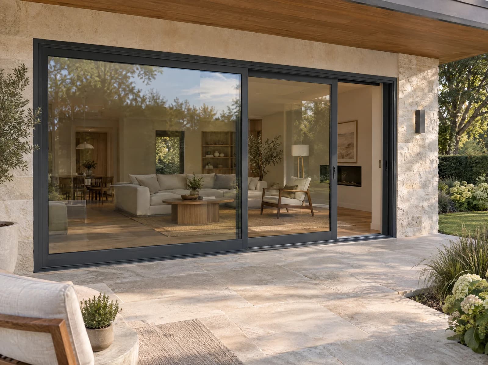 AI-generated design inspiration: glass patio doors connecting a warm living space to a stone terrace