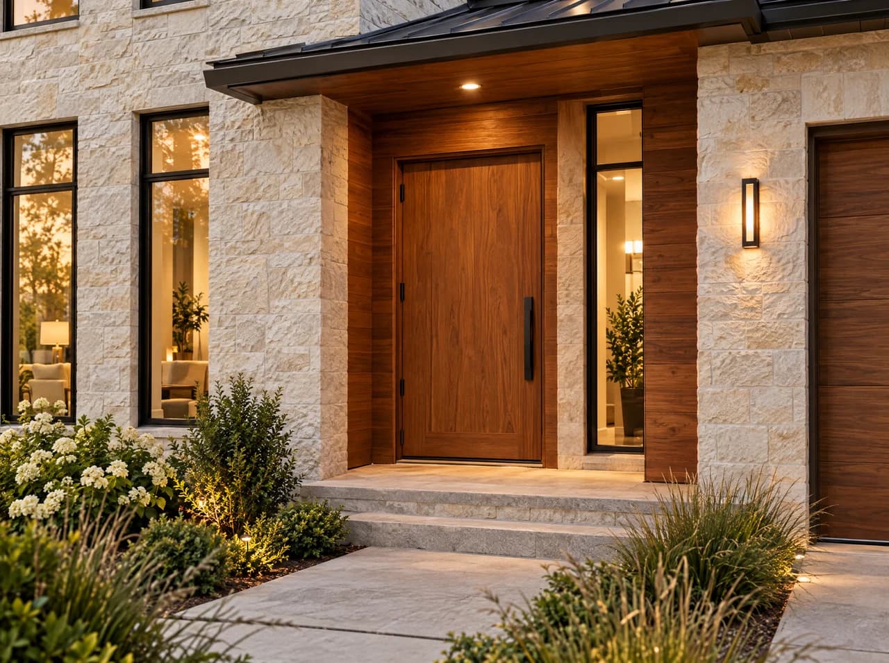 Illustrative entry doors concept in limestone and natural wood