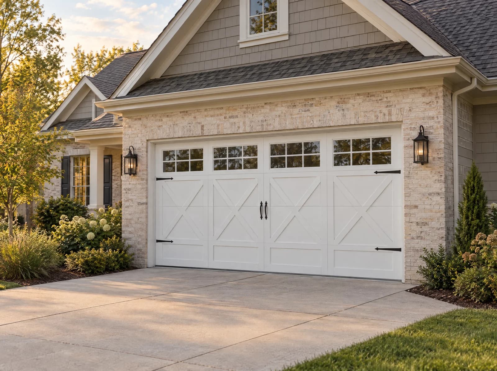 AI-generated design inspiration: White carriage-house garage door with crossbuck panels, black hardware and top-row windows