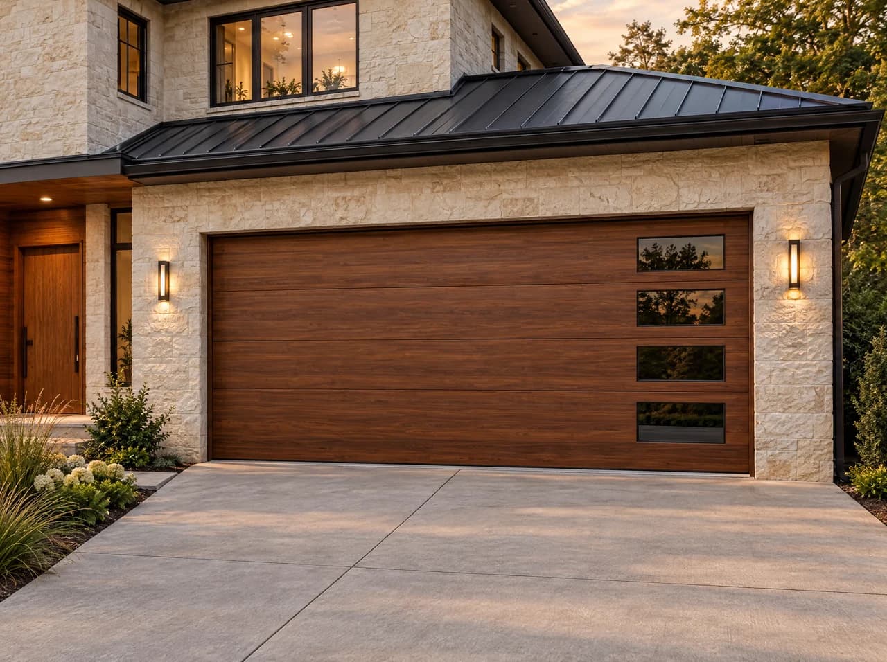 Illustrative garage doors concept in limestone and natural wood