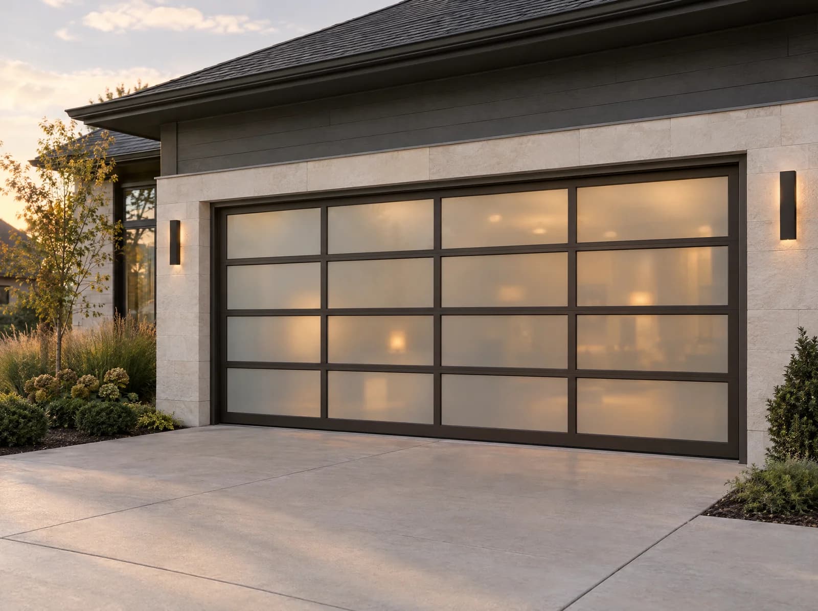 AI-generated design inspiration: Modern full-view garage door with dark metal framing and translucent glass panels