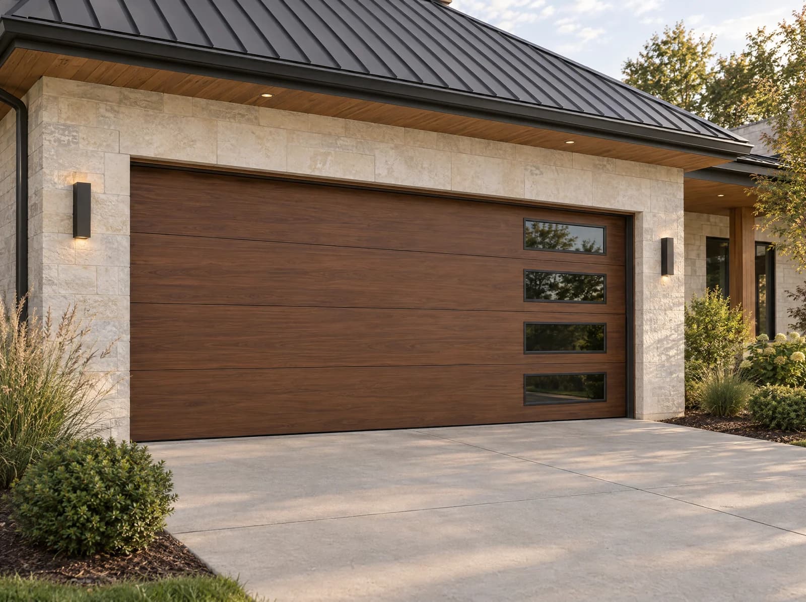 AI-generated design inspiration: modern wood-look garage door on a limestone residence