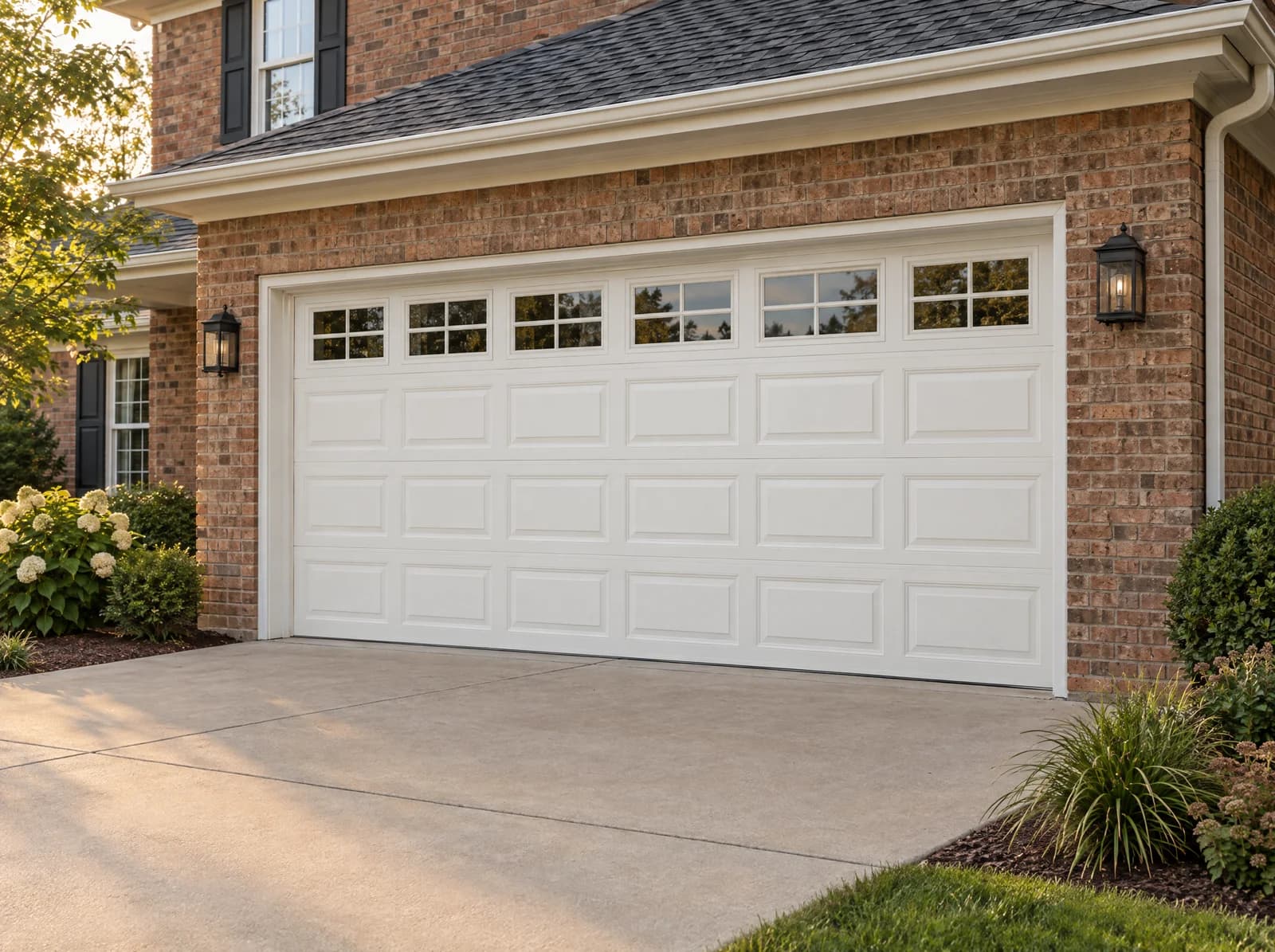 AI-generated design inspiration: Traditional white raised-panel sectional garage door with windows across the top