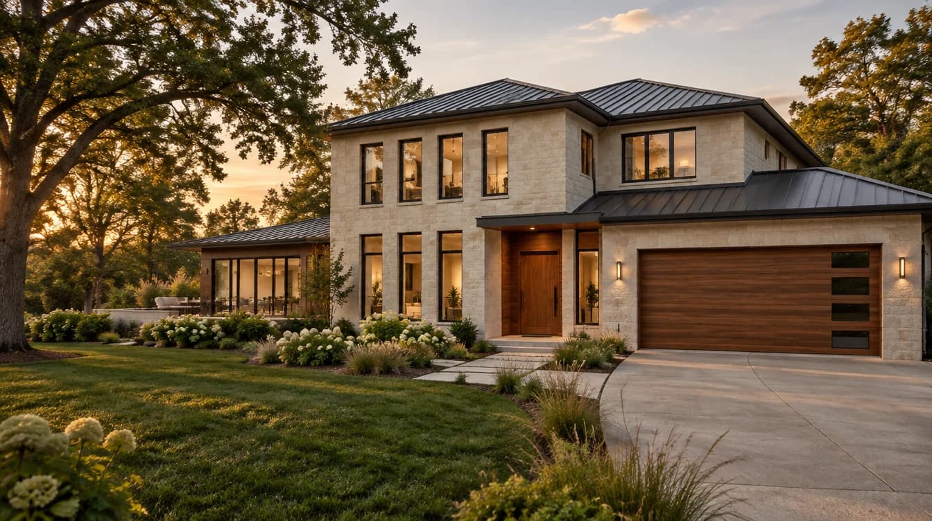 Design inspiration: a limestone residence with dark-framed windows, a wood entry and a contemporary garage door