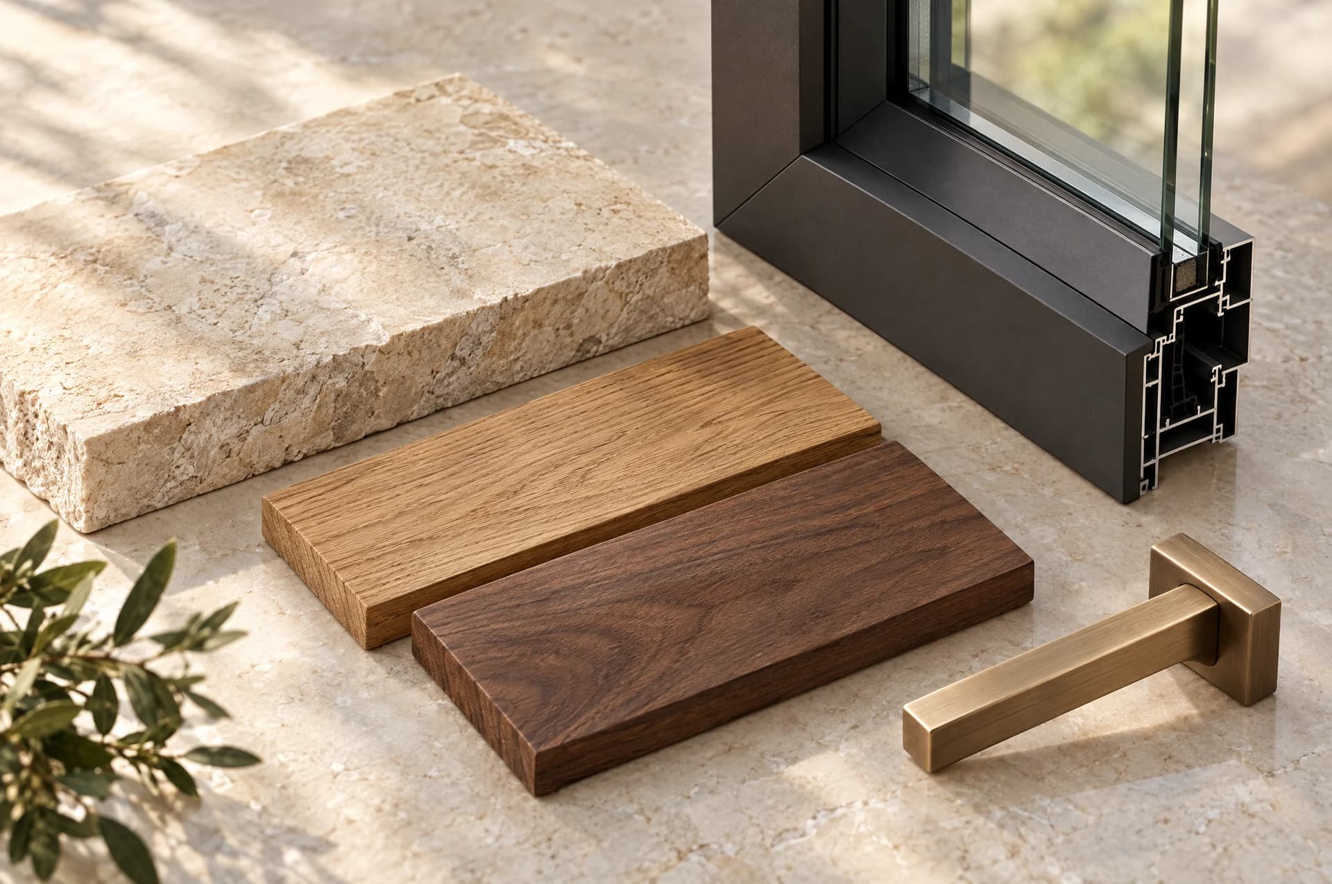 Illustrative palette of limestone, oak, walnut, dark framing and warm-metal hardware
