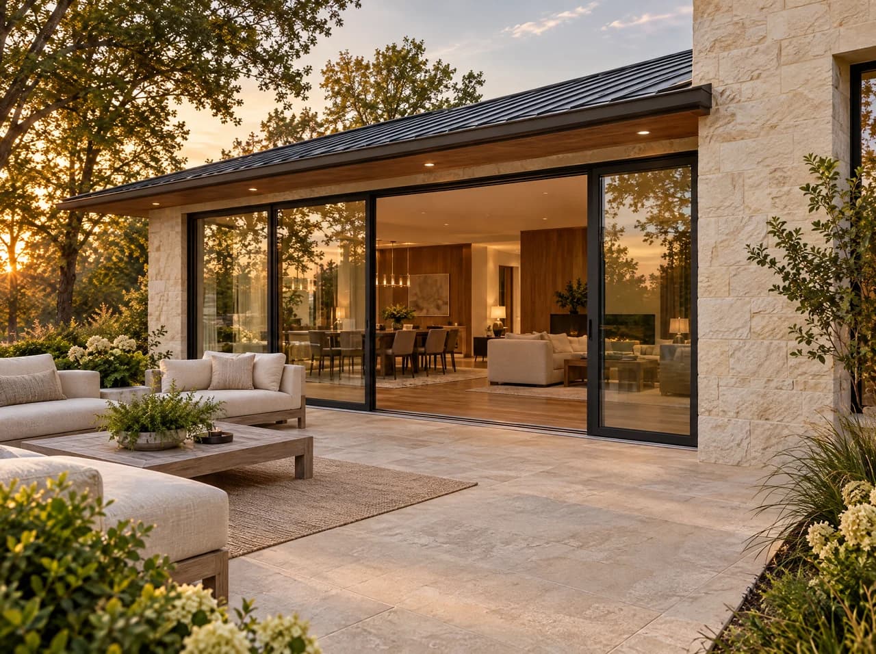 Illustrative patio doors concept in limestone and natural wood