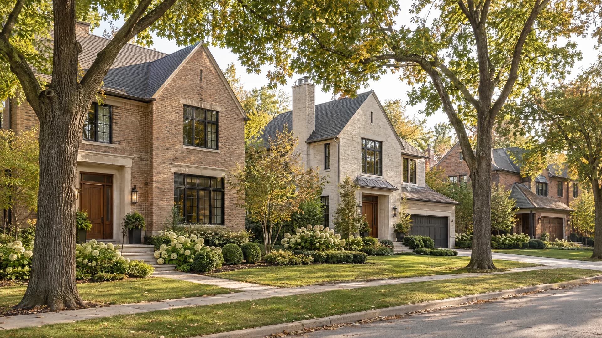 AI-generated architectural inspiration: detached suburban homes along a tree-lined street