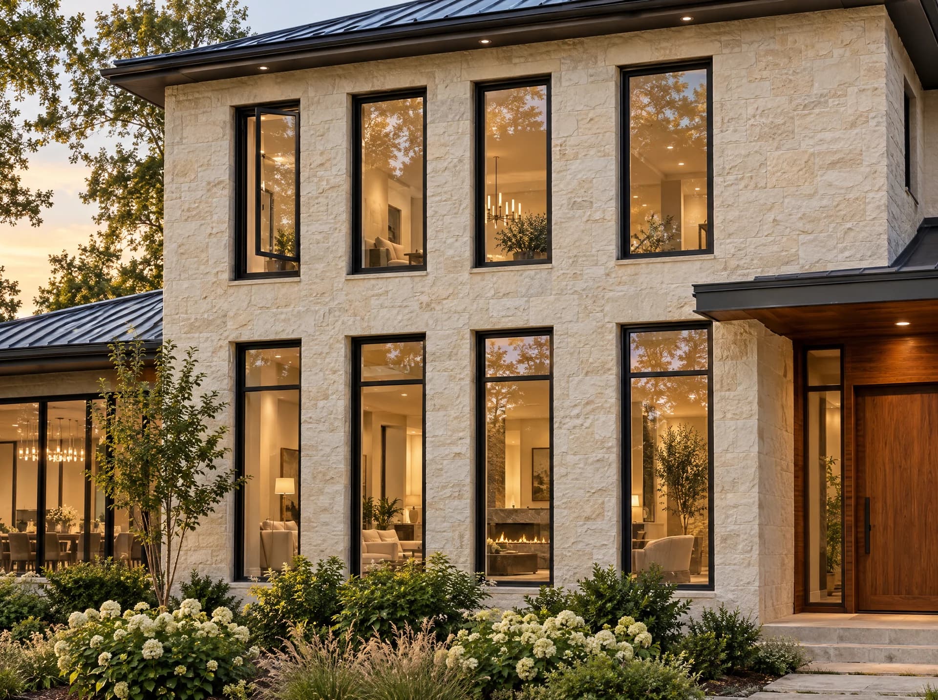 AI-generated design inspiration: tall dark-framed windows on a limestone home with warm interior light