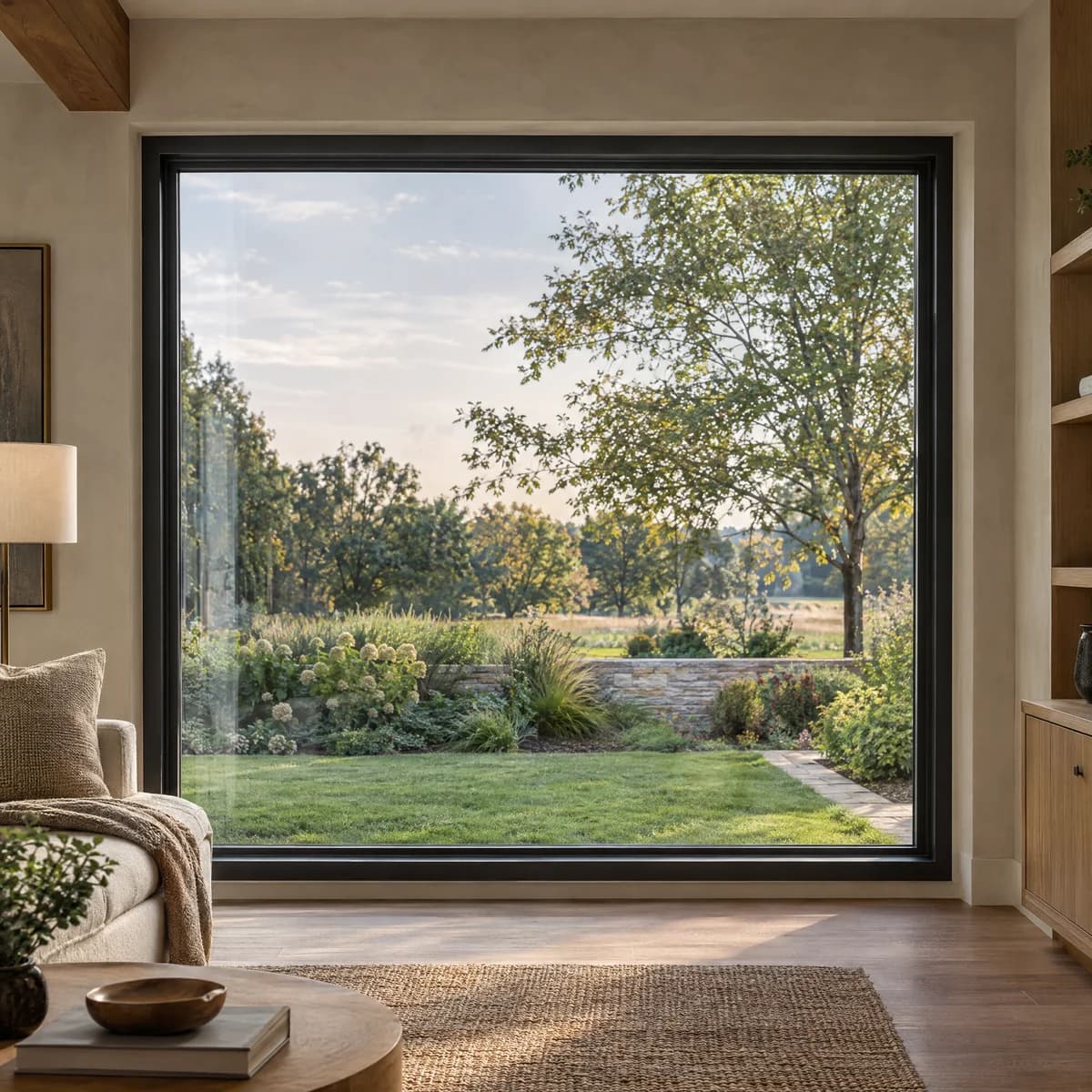 Charcoal picture window in a warm interior overlooking a garden